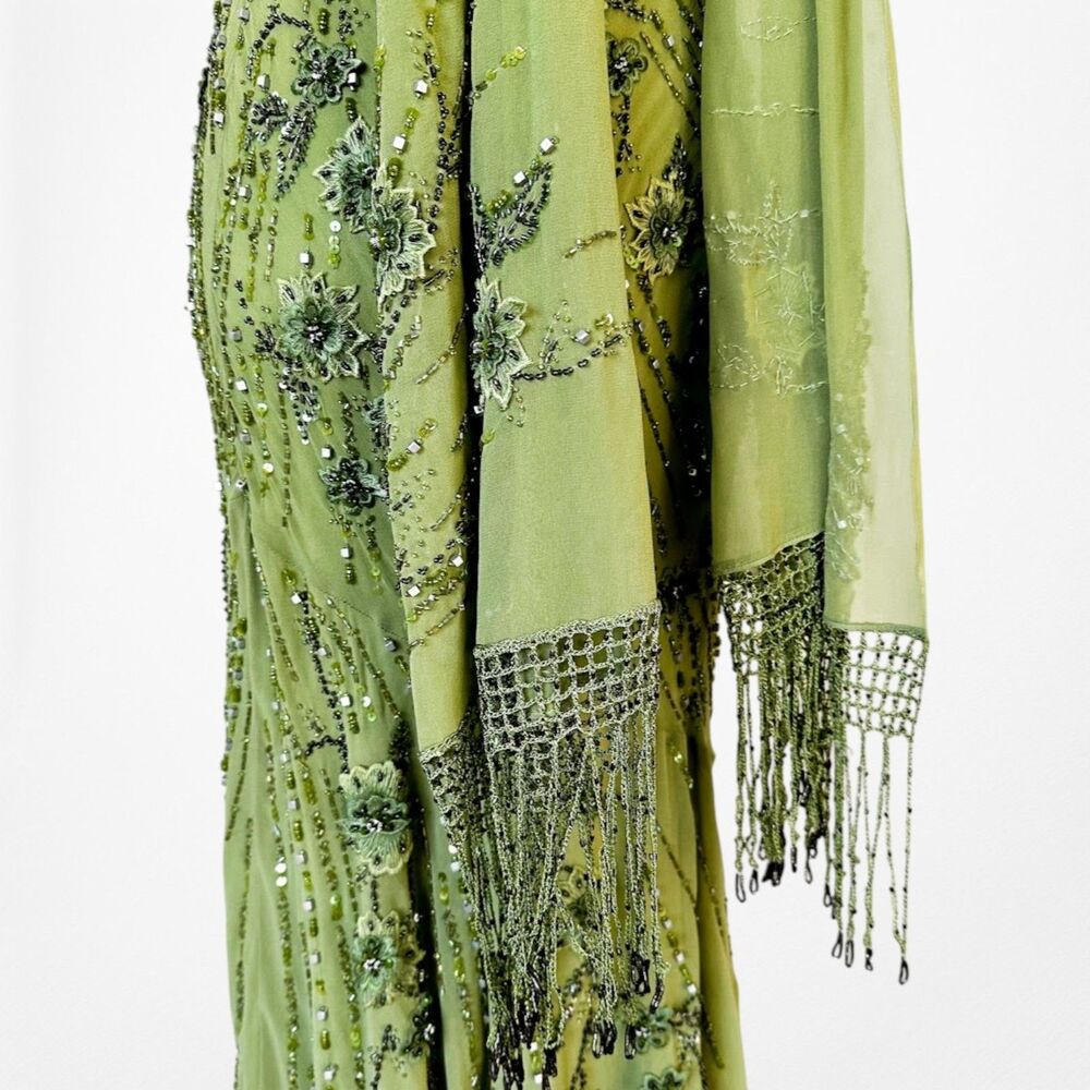 Vintage Y2K Olive Green Floral Beaded Bodycon Prom Shawl Dress Size S - Picture 16 of 17